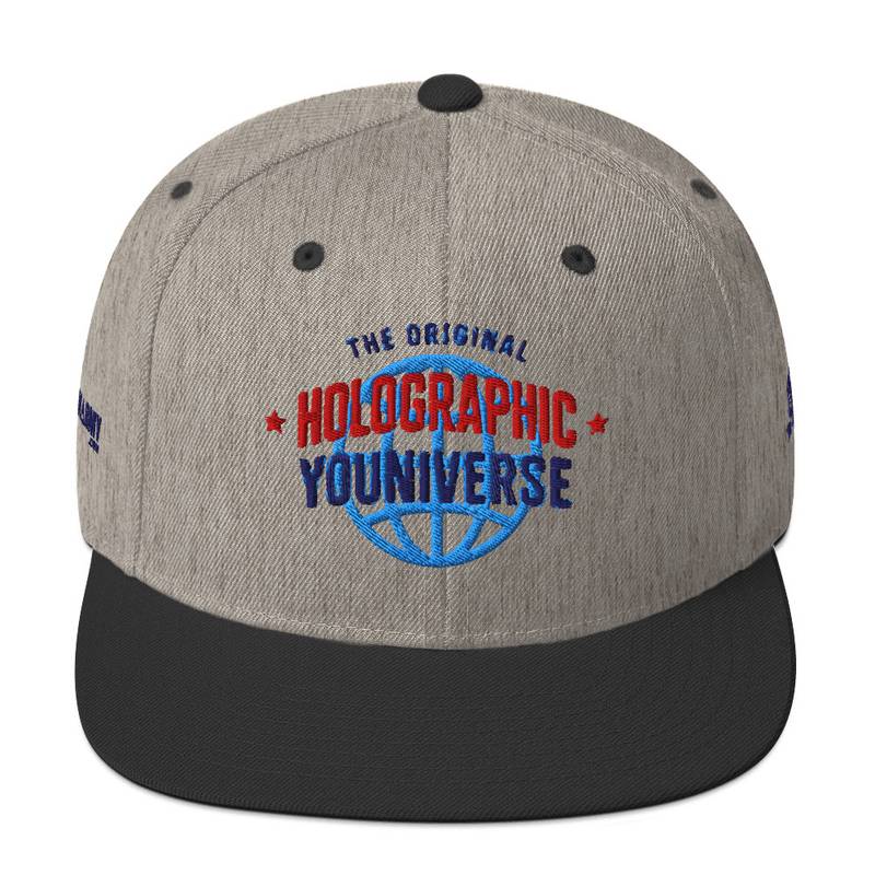 Holographic YOUniverse Snapback Cap – Holographic Universe Clothes Unisex (Navy Text) - Image 13