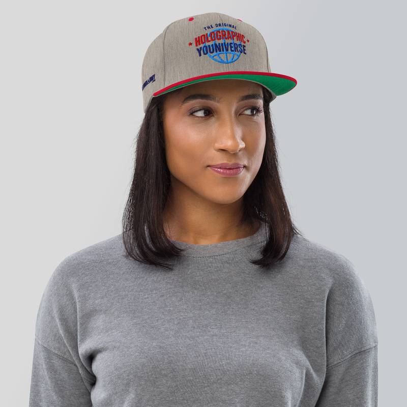 Holographic YOUniverse Snapback Cap – Holographic Universe Clothes Unisex (Navy Text) - Image 6
